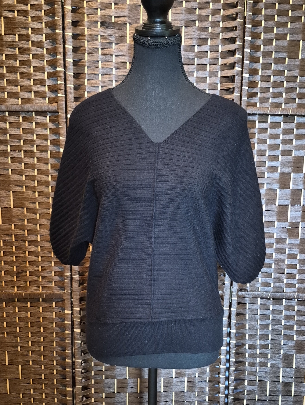 Tahari Black V-Neck Ribbed Dolman Sweater